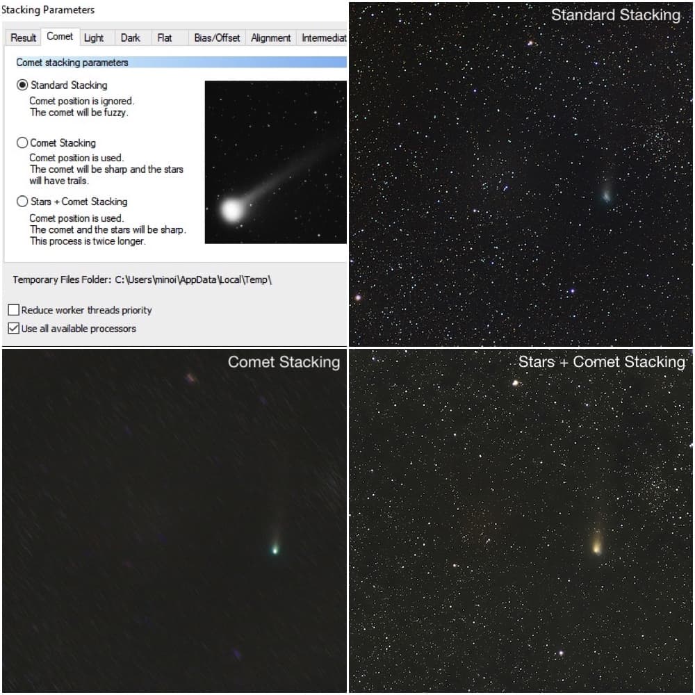 different comet stacking modes in deepskystacker