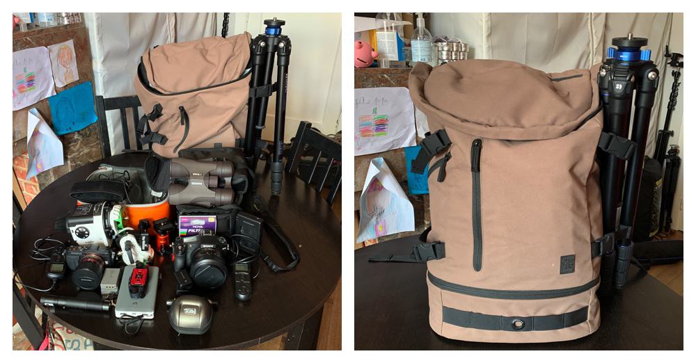 camera bag full of equipment