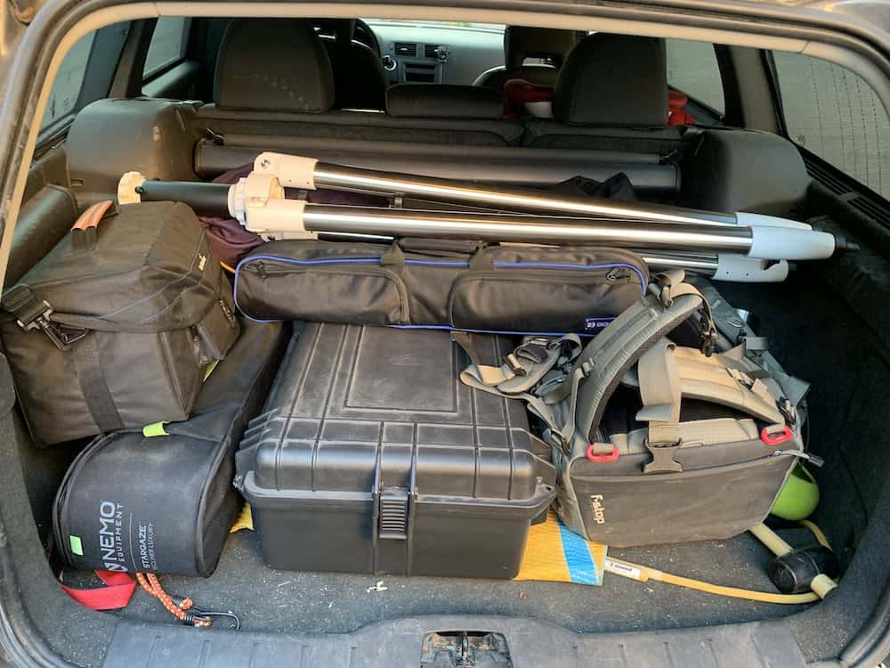 car boot full of astrophotography gear