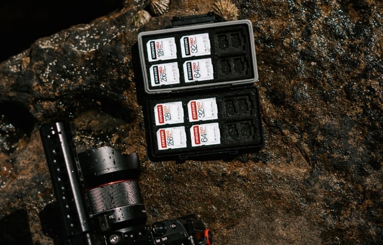 Memory cards in a holder, and a camera resting on a wet rock.