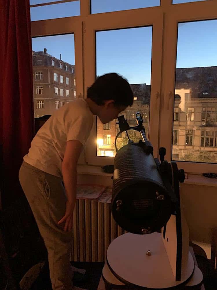 My 7 years old son is observing Jupiter at sunset