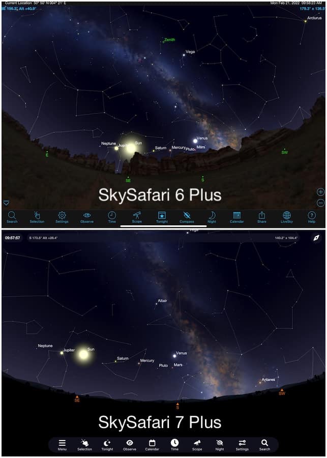 SkySafari 7 Plus (bottom) has a new and more modern interface compared to SkySafari 6 Plus.