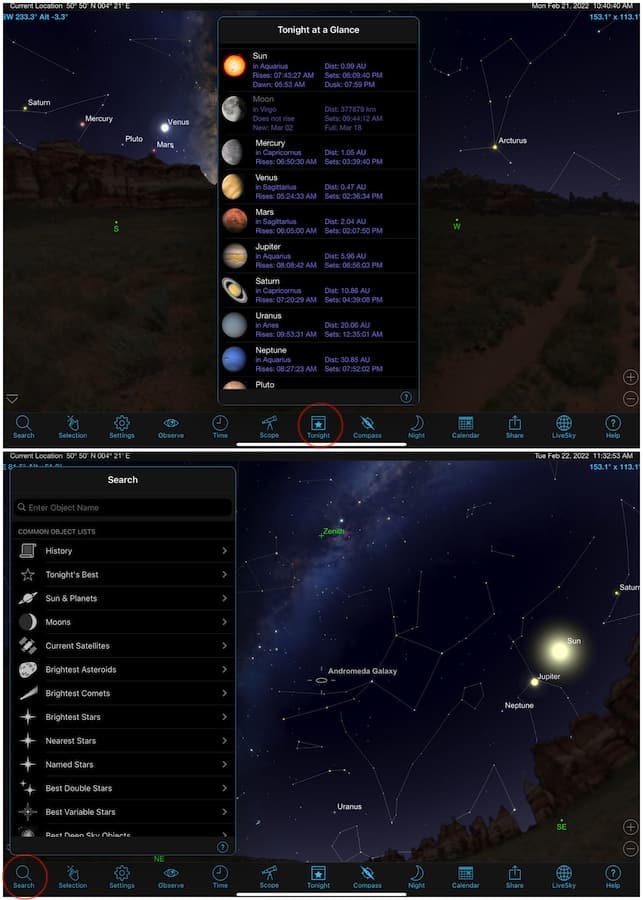 The Search and Tonight Menu are other two quick ways to explore the night sky with SkySafari 6.