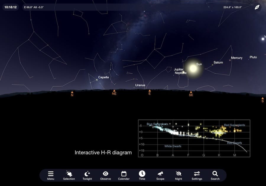 The interactive HR diagram shows the distribution of star types in the part of the sky you are visualizing.