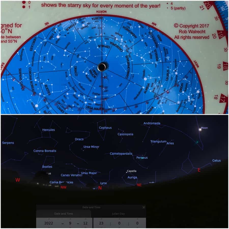 Comparison between the planisphere and Stellarium, for September 12th at 23 p.m.