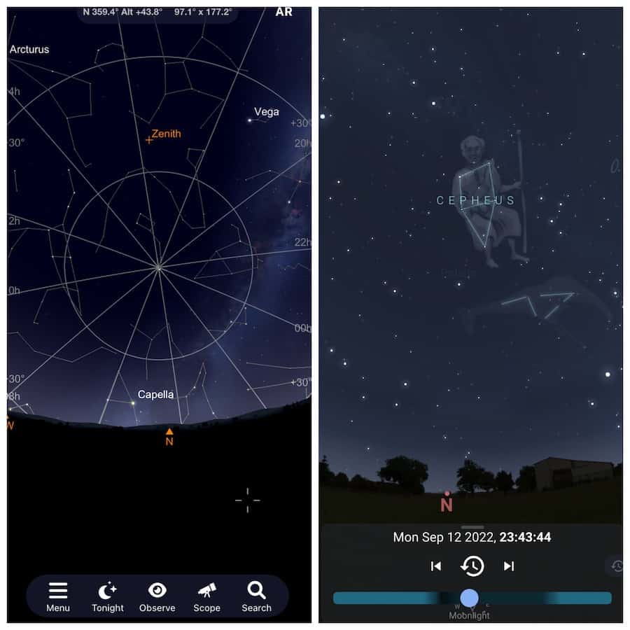 The interface of SkySafari (left) and Stellarium (right) are two of the most common astronomy apps for smartphones.